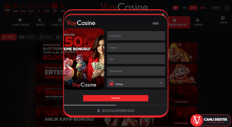 Vaycasino'da Kayıt formu